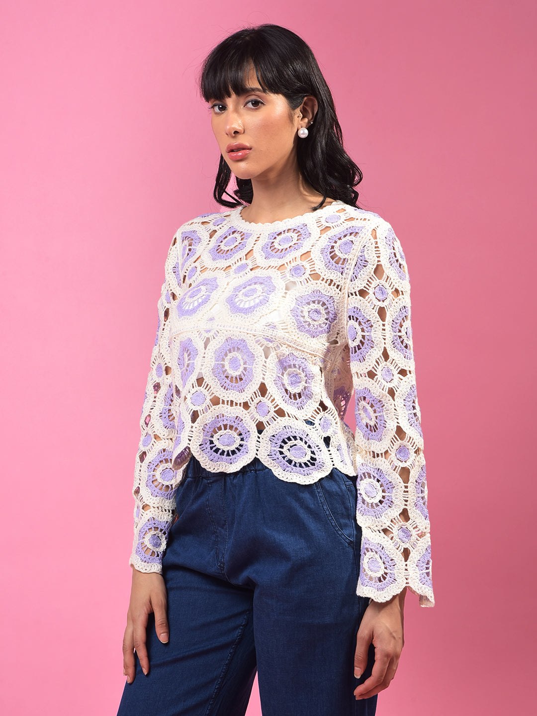 Purple Embroidered Crochet Top-Women Tops-Crimsoune Club