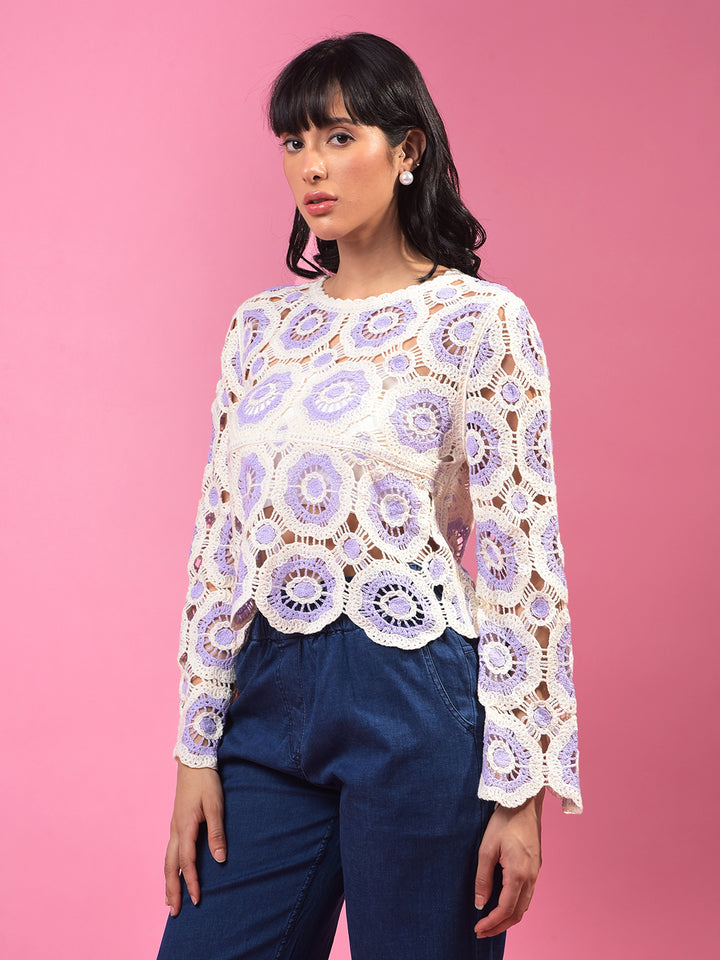 Purple Embroidered Crochet Top-Women Tops-Crimsoune Club