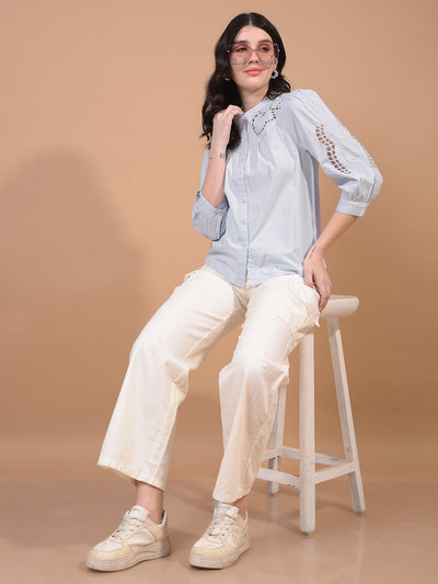 Women's White Band Collar 100% Cotton Sheer Shirt-Women Shirts-Crimsoune Club