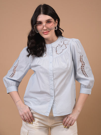 Women's White Band Collar 100% Cotton Sheer Shirt-Women Shirts-Crimsoune Club
