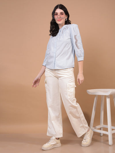 Women's White Band Collar 100% Cotton Sheer Shirt-Women Shirts-Crimsoune Club