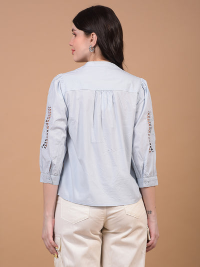 Women's White Band Collar 100% Cotton Sheer Shirt-Women Shirts-Crimsoune Club