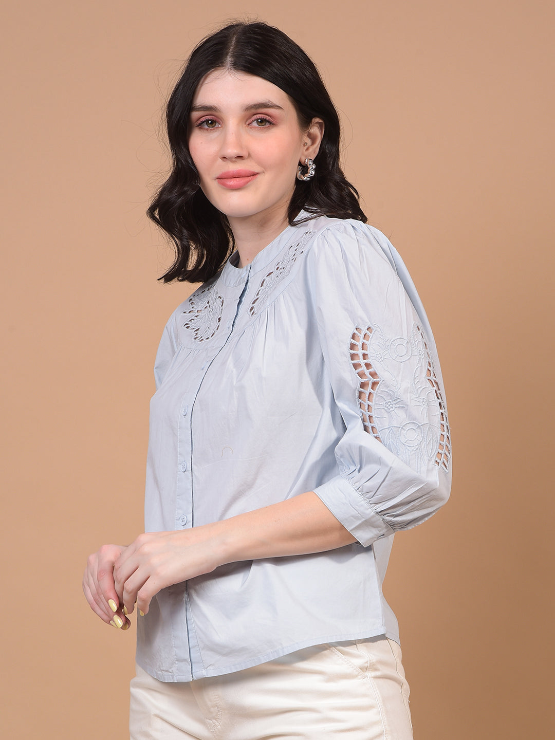 Women's White Band Collar 100% Cotton Sheer Shirt-Women Shirts-Crimsoune Club