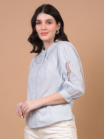 Women's White Band Collar 100% Cotton Sheer Shirt-Women Shirts-Crimsoune Club