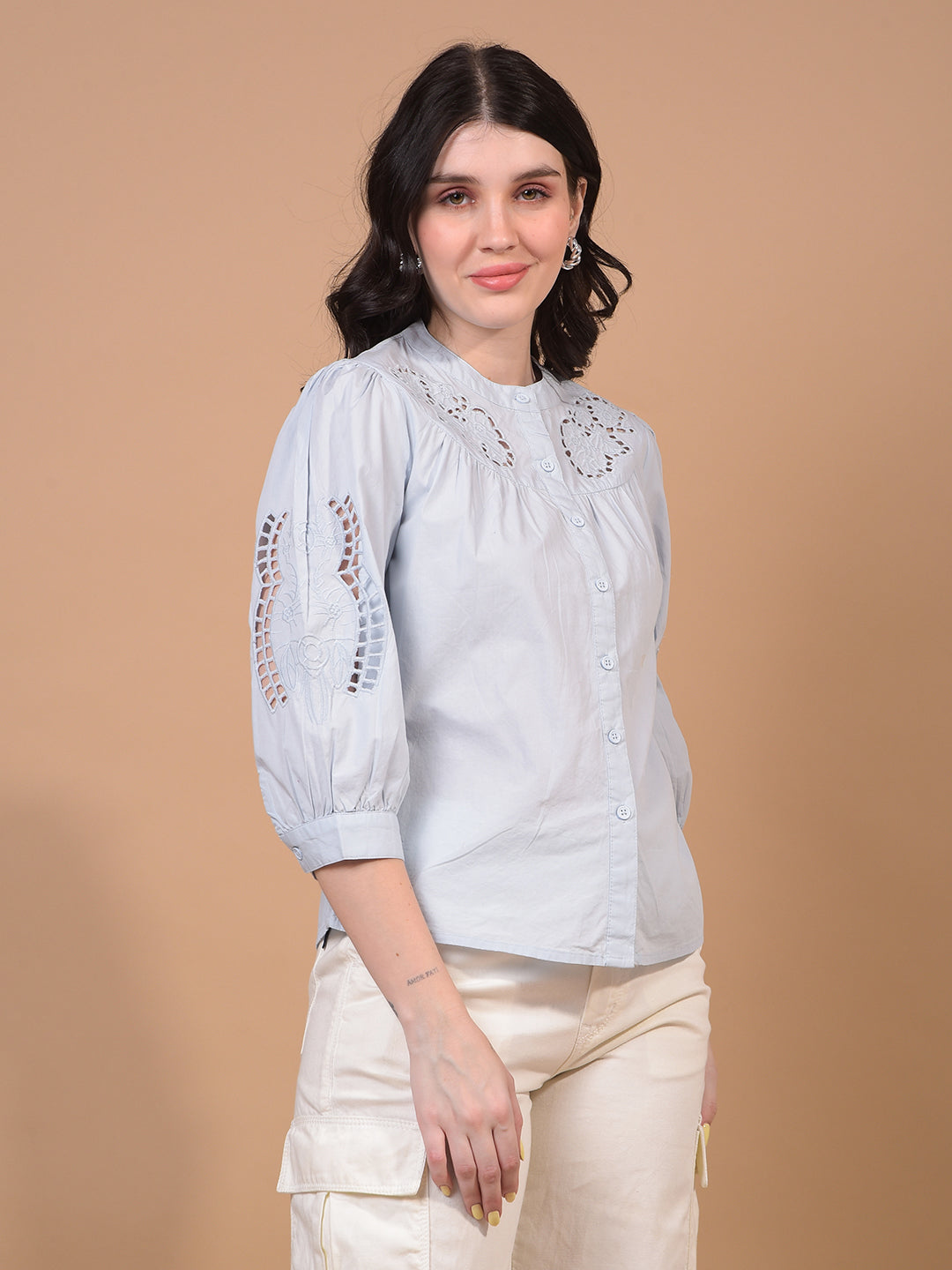 Women's White Band Collar 100% Cotton Sheer Shirt-Women Shirts-Crimsoune Club