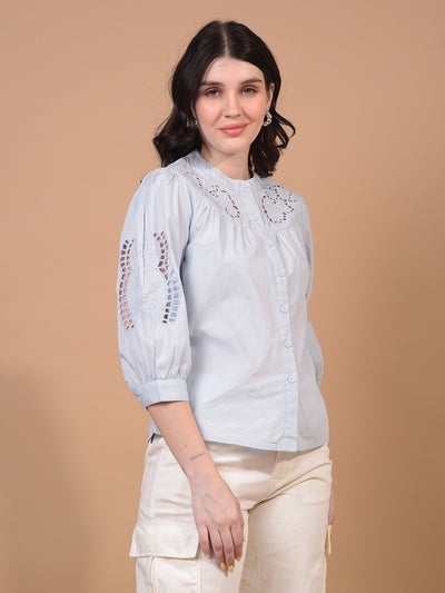 Women's White Band Collar 100% Cotton Sheer Shirt-Women Shirts-Crimsoune Club