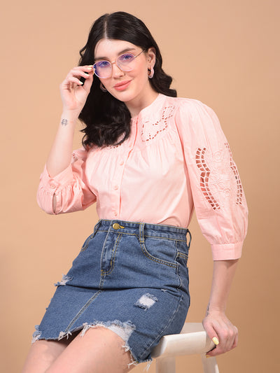 Women's Pink Band Collar 100% Cotton Sheer Shirt-Women Shirts-Crimsoune Club