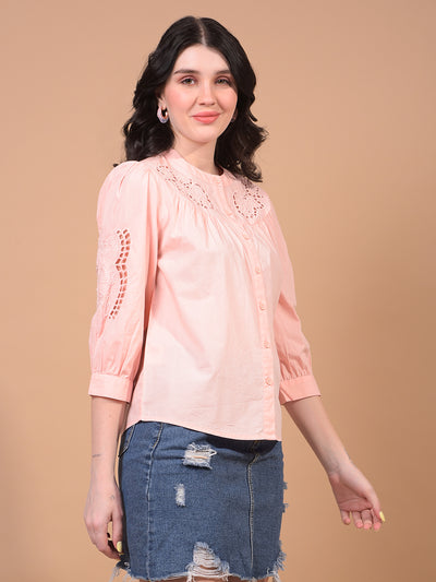 Women's Pink Band Collar 100% Cotton Sheer Shirt-Women Shirts-Crimsoune Club