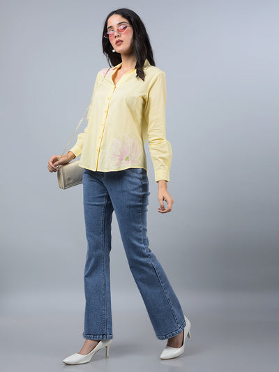 Yellow Embroidered 100% Cotton Shirt-Women Shirts-Crimsoune Club