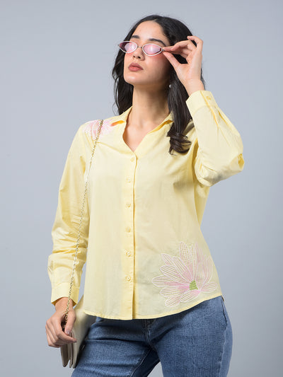 Yellow Embroidered 100% Cotton Shirt-Women Shirts-Crimsoune Club