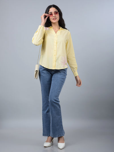 Yellow Embroidered 100% Cotton Shirt-Women Shirts-Crimsoune Club