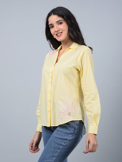 Yellow Embroidered 100% Cotton Shirt-Women Shirts-Crimsoune Club