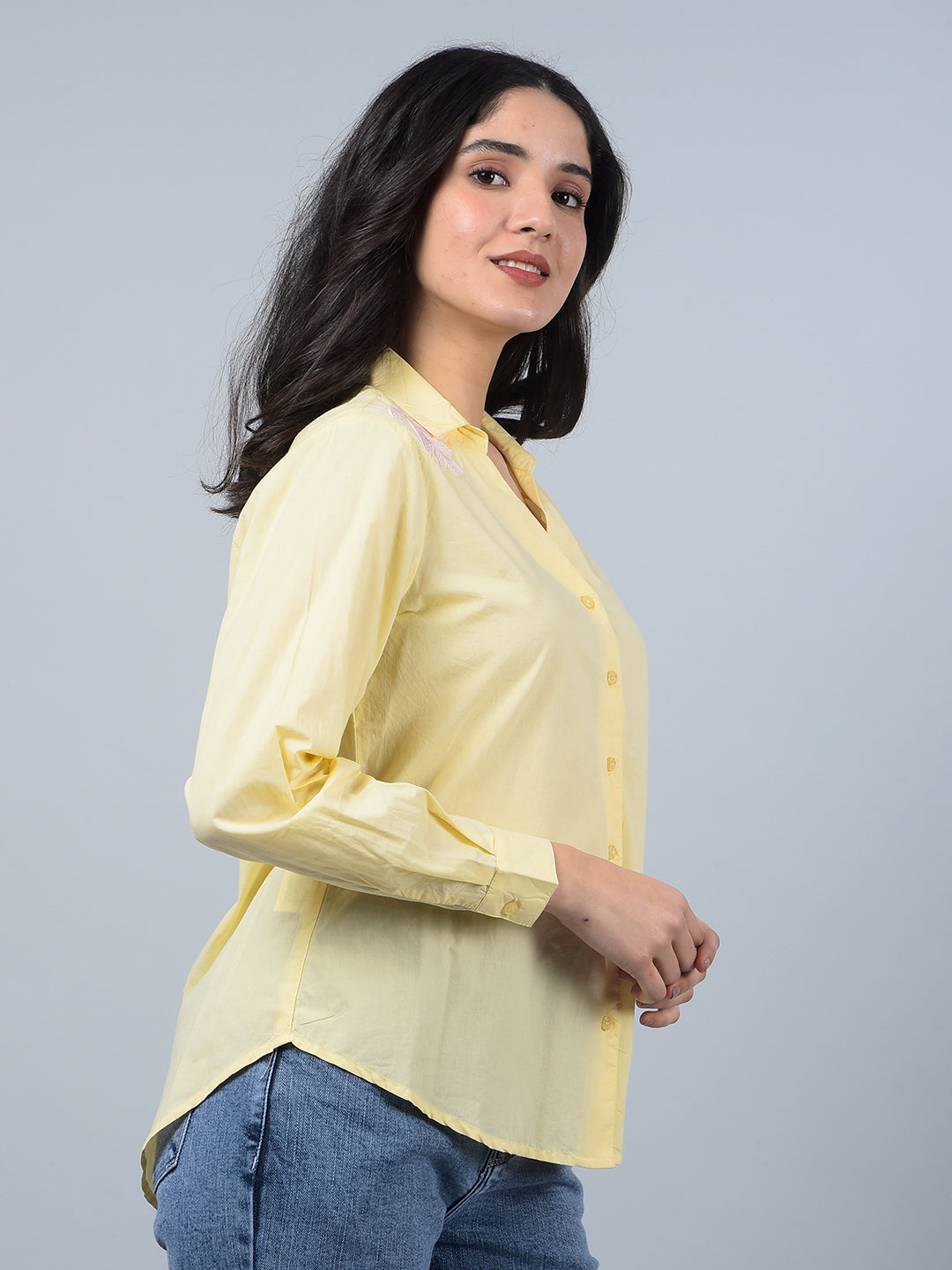 Yellow Embroidered 100% Cotton Shirt-Women Shirts-Crimsoune Club