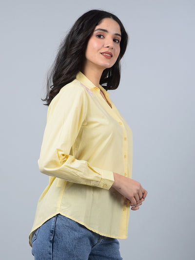 Yellow Embroidered 100% Cotton Shirt-Women Shirts-Crimsoune Club