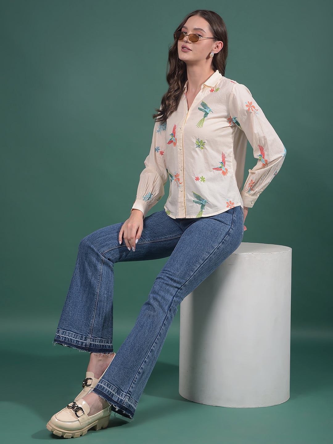 Multi-Color Embroidered 100% Cotton Shirt-Women Shirts-Crimsoune Club