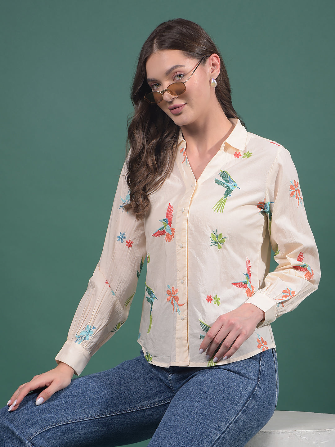 Multi-Color Embroidered 100% Cotton Shirt-Women Shirts-Crimsoune Club