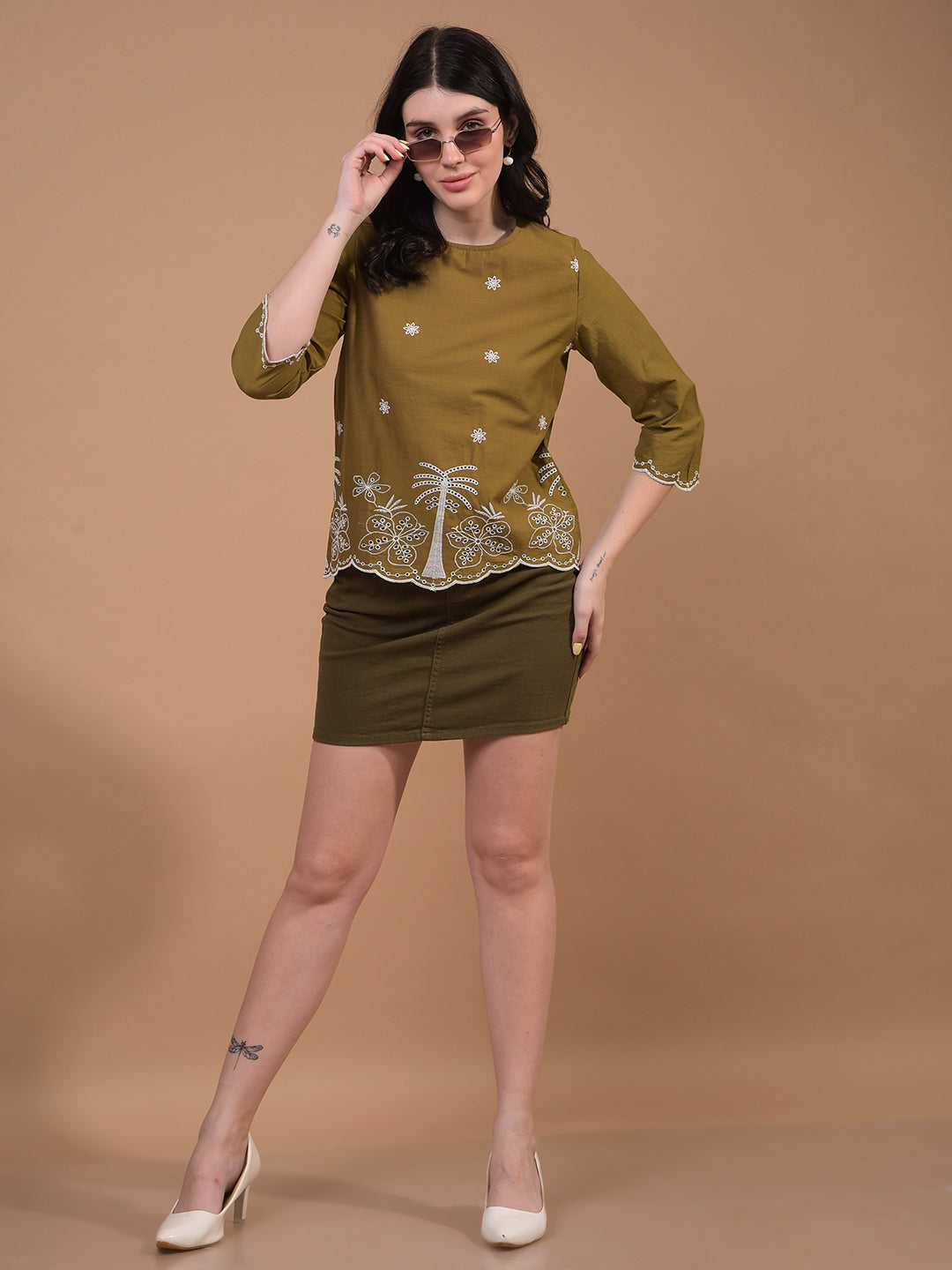 Women's Olive Floral Print 100% Cotton Shirt-Women Shirts-Crimsoune Club