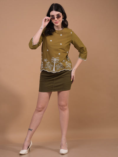 Women's Olive Floral Print 100% Cotton Shirt-Women Shirts-Crimsoune Club