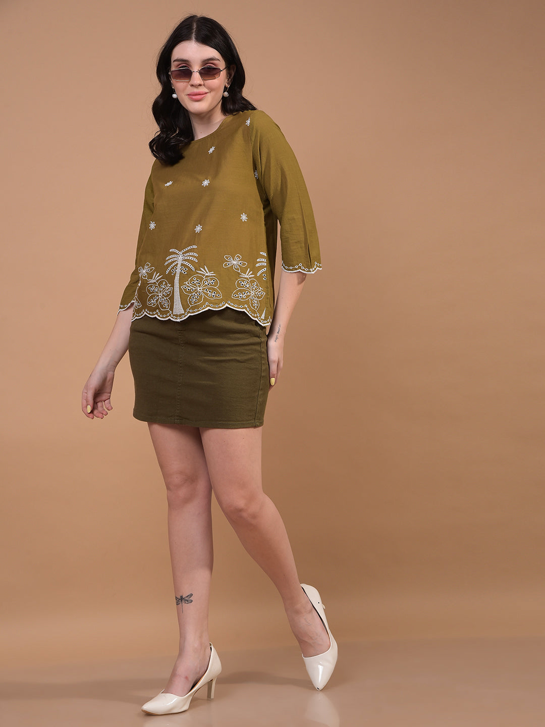 Women's Olive Floral Print 100% Cotton Shirt-Women Shirts-Crimsoune Club