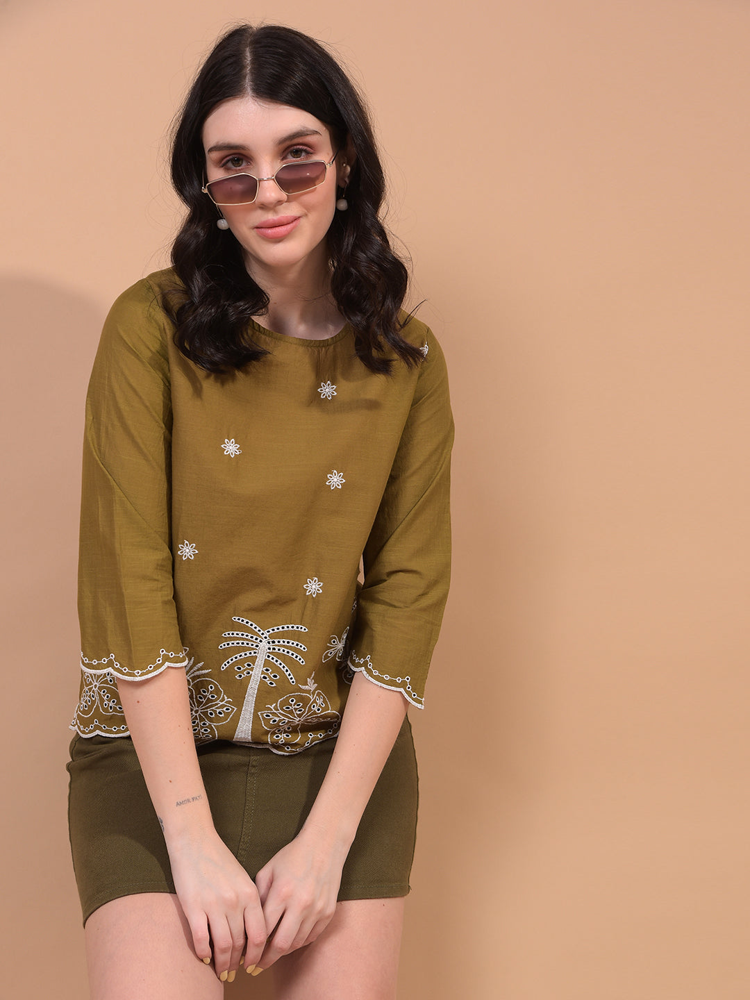 Women's Olive Floral Print 100% Cotton Shirt-Women Shirts-Crimsoune Club