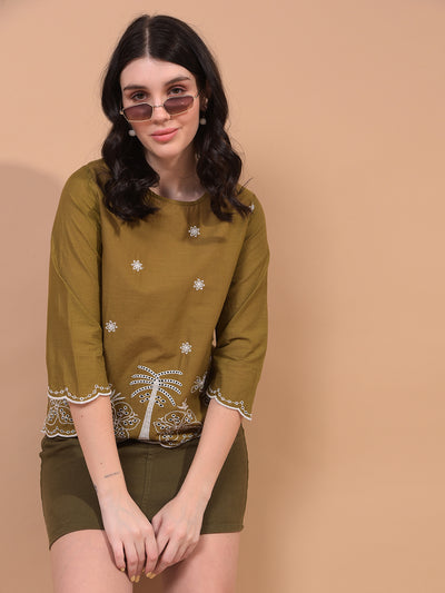 Women's Olive Floral Print 100% Cotton Shirt-Women Shirts-Crimsoune Club