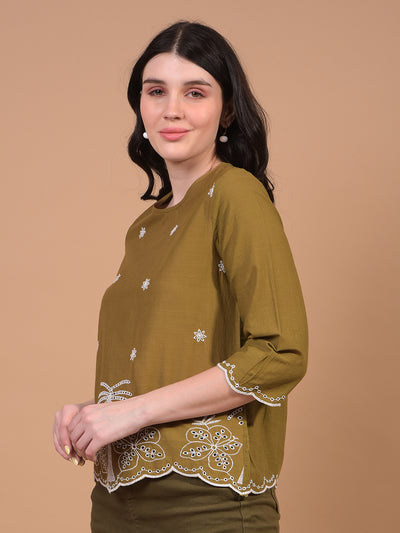 Women's Olive Floral Print 100% Cotton Shirt-Women Shirts-Crimsoune Club