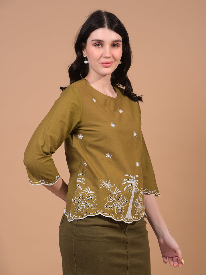 Women's Olive Floral Print 100% Cotton Shirt-Women Shirts-Crimsoune Club