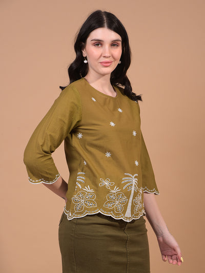 Women's Olive Floral Print 100% Cotton Shirt-Women Shirts-Crimsoune Club