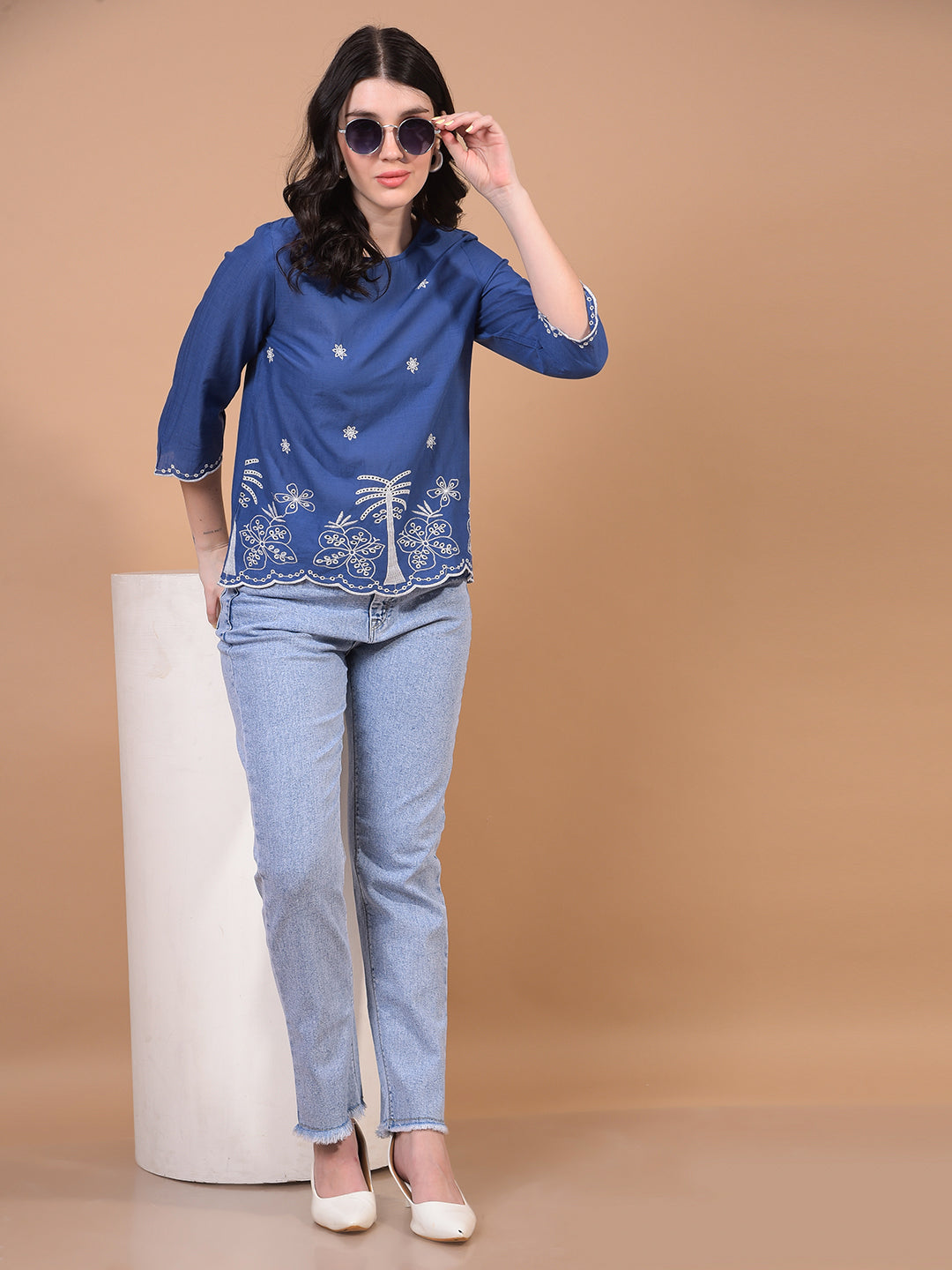 Women's Blue Floral Print 100% Cotton Shirt-Women Shirts-Crimsoune Club