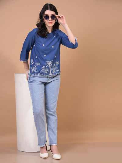 Women's Blue Floral Print 100% Cotton Shirt-Women Shirts-Crimsoune Club
