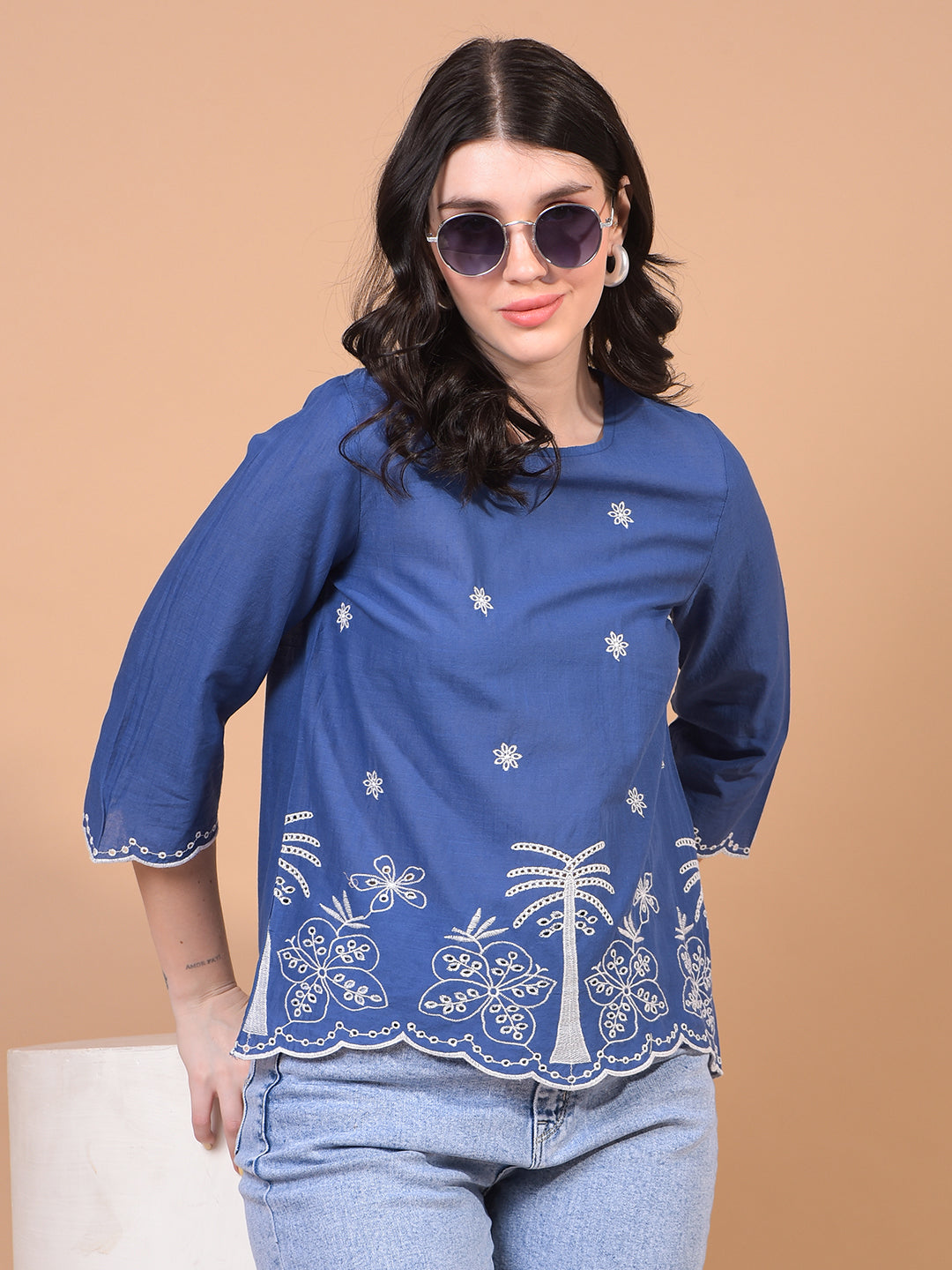 Women's Blue Floral Print 100% Cotton Shirt-Women Shirts-Crimsoune Club