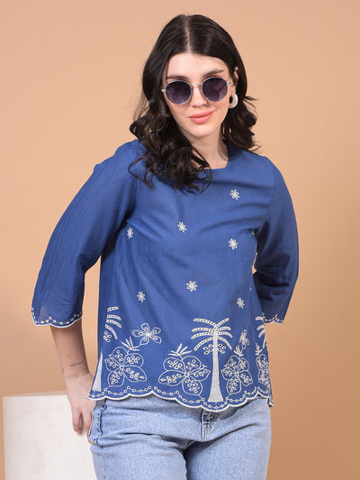 Women's Blue Floral Print 100% Cotton Shirt-Women Shirts-Crimsoune Club