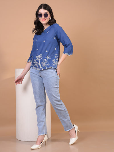 Women's Blue Floral Print 100% Cotton Shirt-Women Shirts-Crimsoune Club