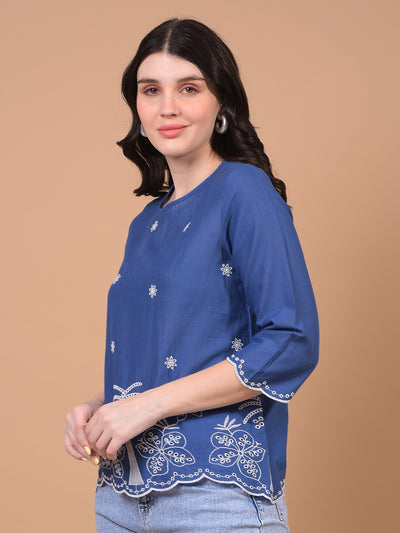 Women's Blue Floral Print 100% Cotton Shirt-Women Shirts-Crimsoune Club
