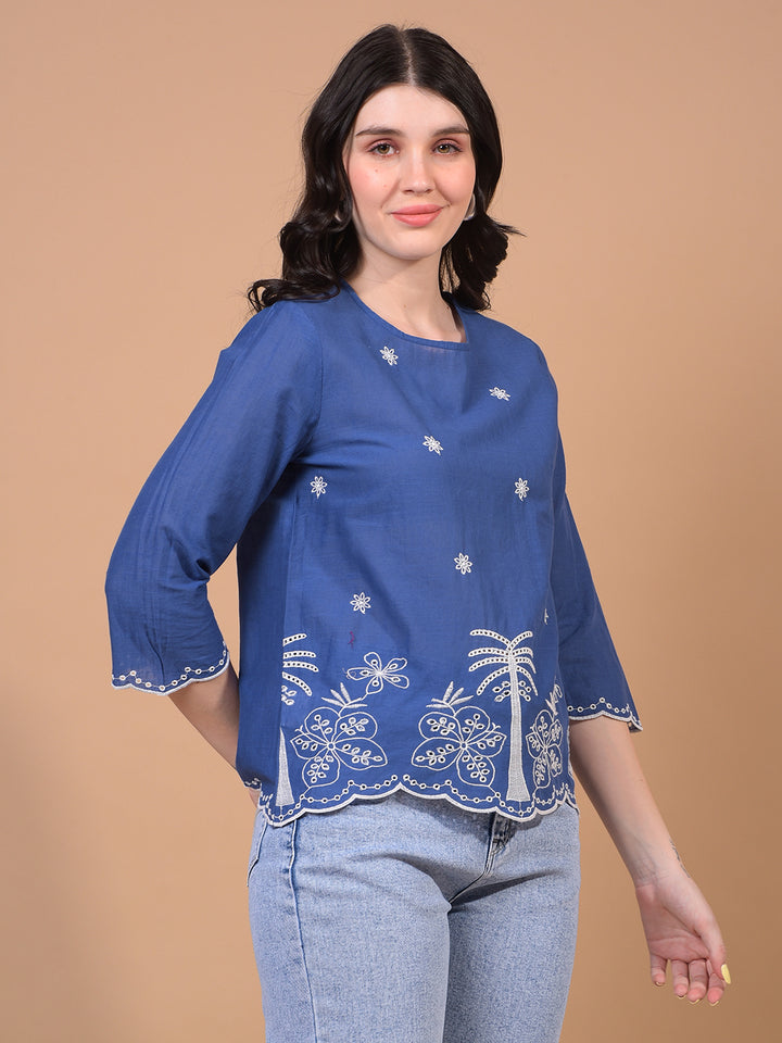 Women's Blue Floral Print 100% Cotton Shirt-Women Shirts-Crimsoune Club