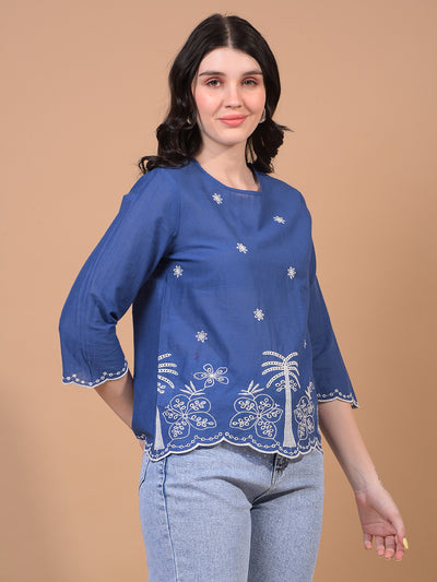 Women's Blue Floral Print 100% Cotton Shirt-Women Shirts-Crimsoune Club