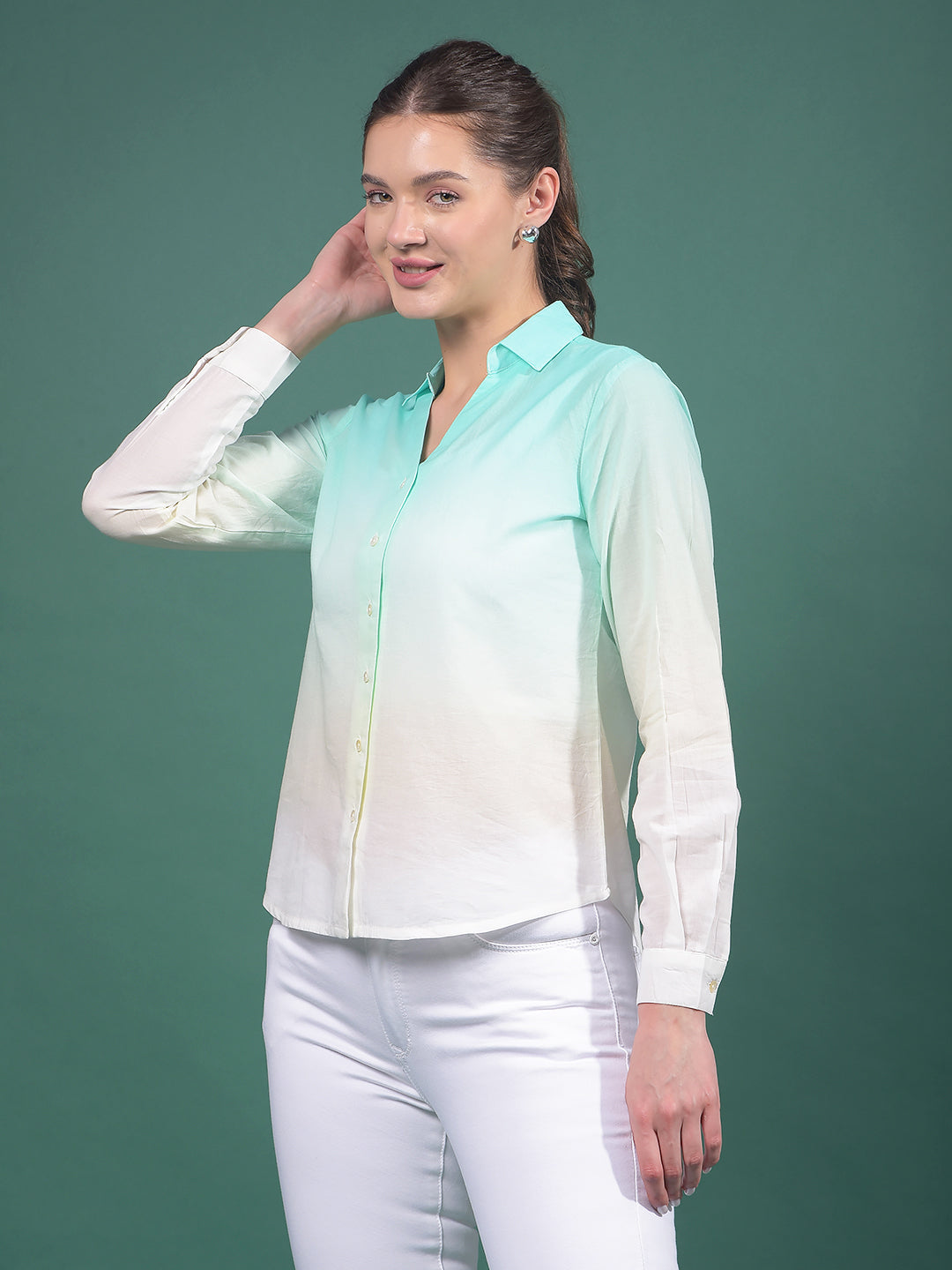 Green 100% Cotton Shirt-Women Shirts-Crimsoune Club