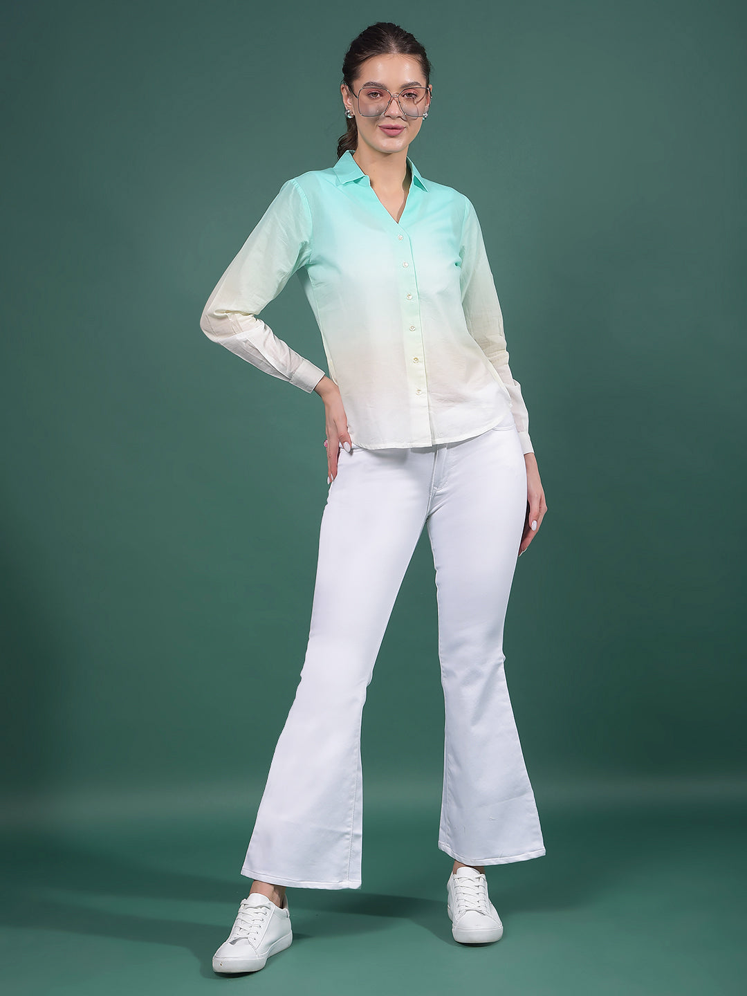 Green 100% Cotton Shirt-Women Shirts-Crimsoune Club