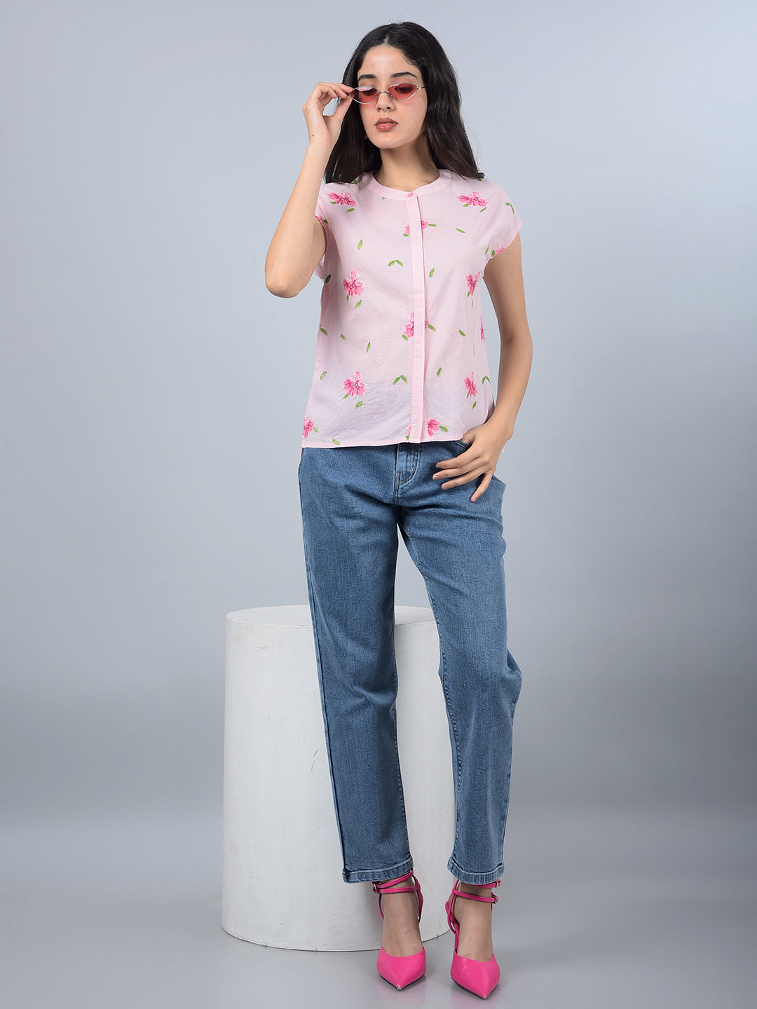 Pink Embroidered 100% Cotton Shirt-Women Shirts-Crimsoune Club