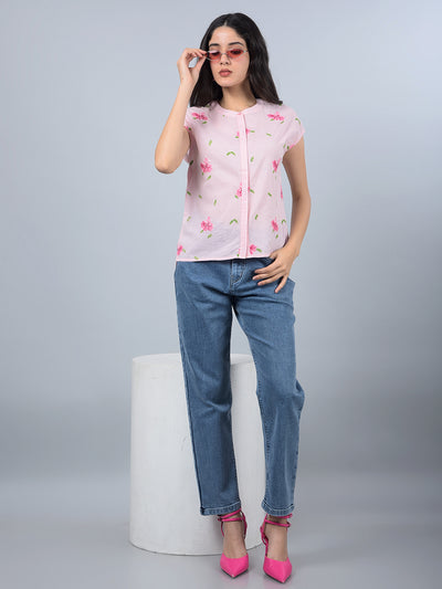 Pink Embroidered 100% Cotton Shirt-Women Shirts-Crimsoune Club