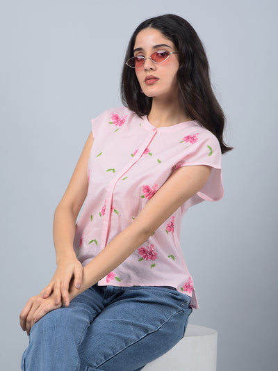 Pink Embroidered 100% Cotton Shirt-Women Shirts-Crimsoune Club