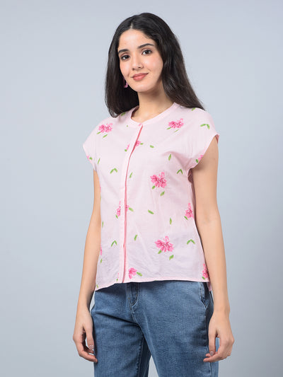 Pink Embroidered 100% Cotton Shirt-Women Shirts-Crimsoune Club