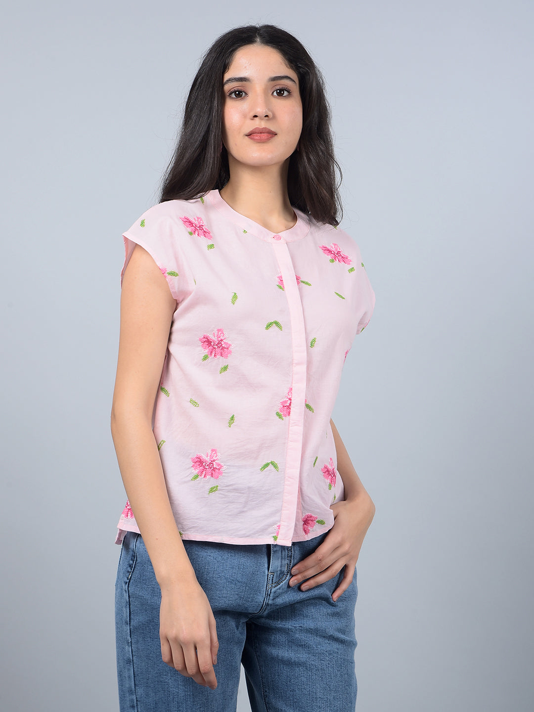 Pink Embroidered 100% Cotton Shirt-Women Shirts-Crimsoune Club