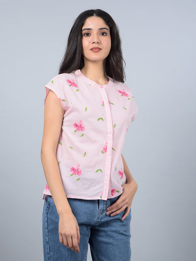 Pink Embroidered 100% Cotton Shirt-Women Shirts-Crimsoune Club
