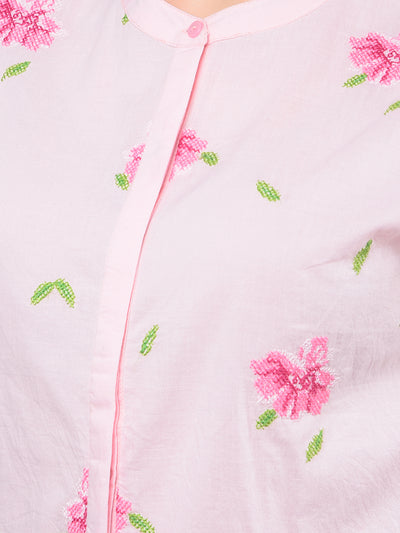 Pink Embroidered 100% Cotton Shirt-Women Shirts-Crimsoune Club