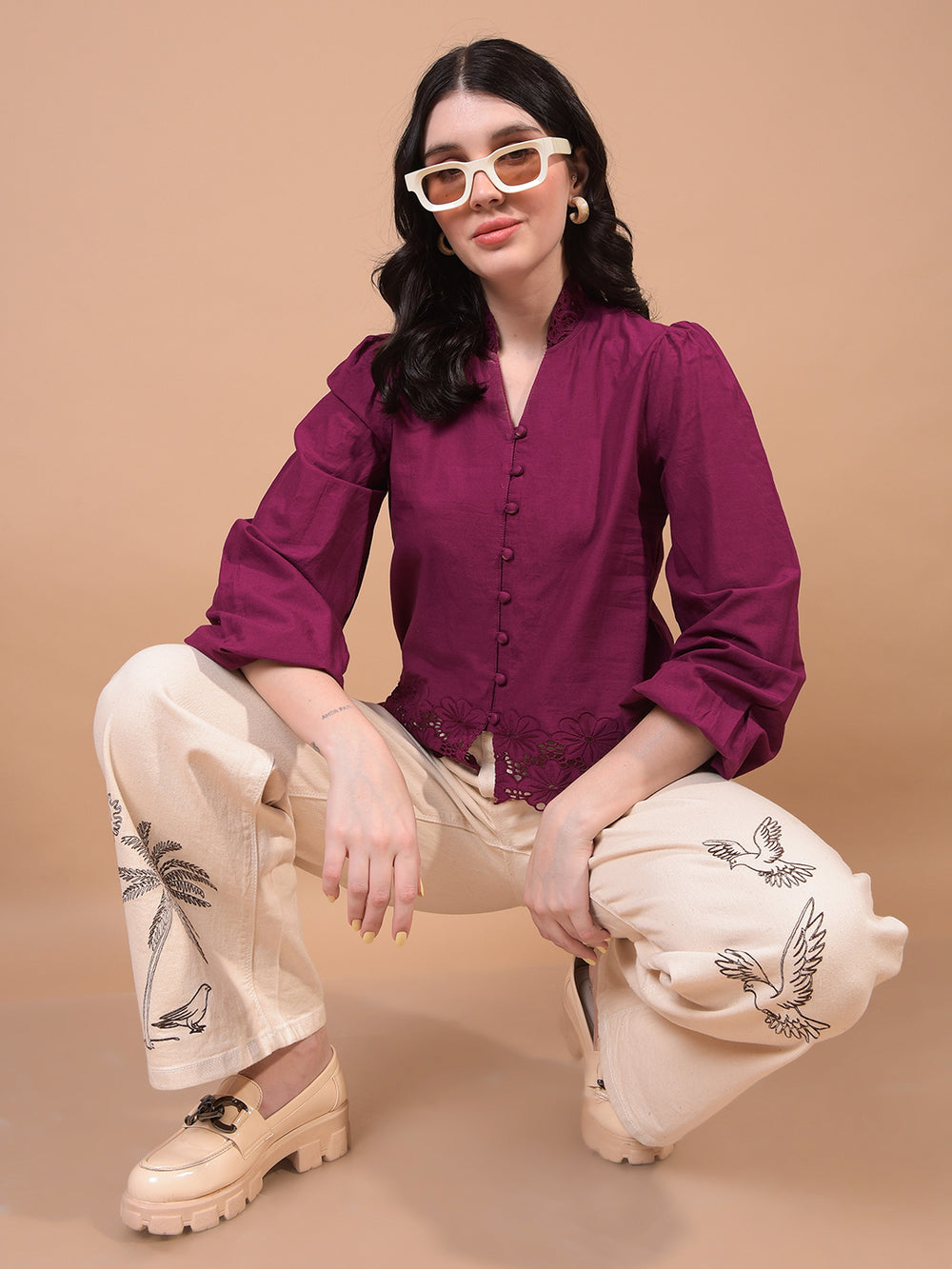 Women's Red V-Neck 100% Cotton Cropped Top-Women Tops-Crimsoune Club