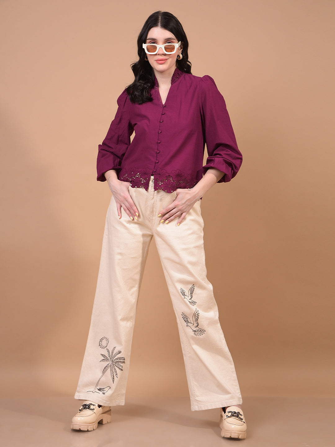 Women's Red V-Neck 100% Cotton Cropped Top-Women Tops-Crimsoune Club