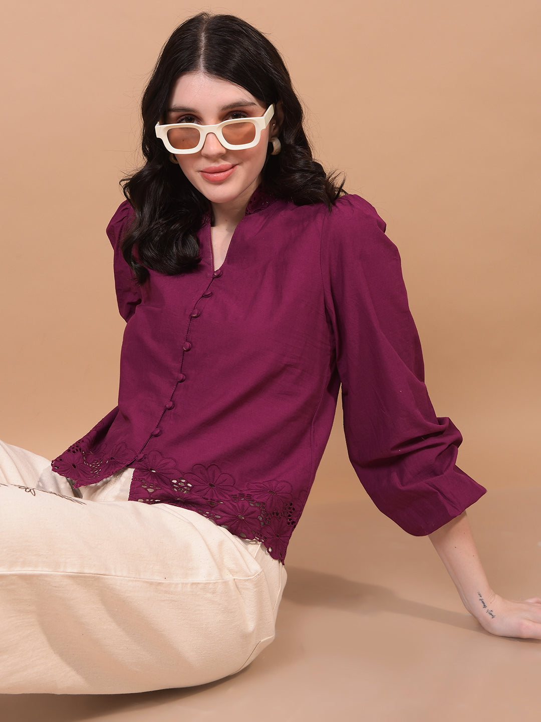 Women's Red V-Neck 100% Cotton Cropped Top-Women Tops-Crimsoune Club