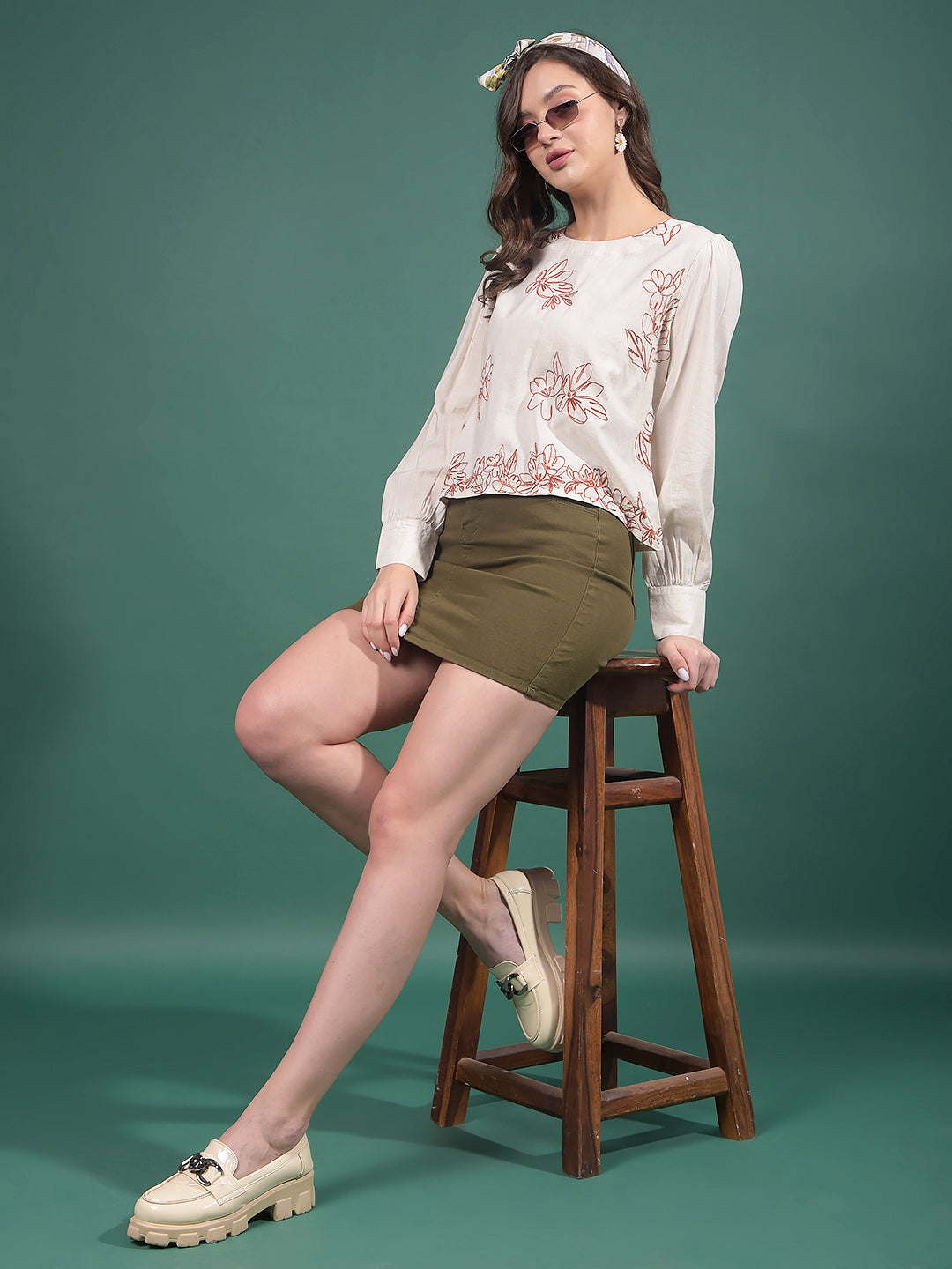 Beige Embroidered Top-Women Tops-Crimsoune Club