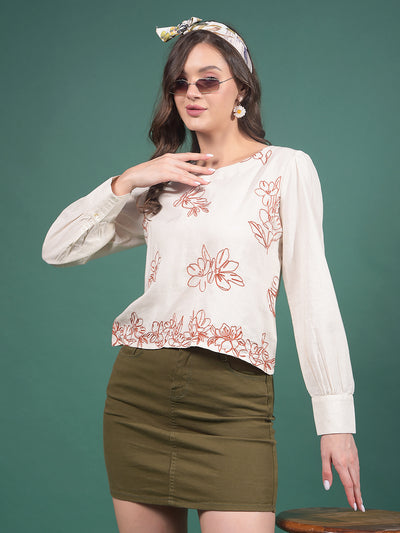 Beige Embroidered Top-Women Tops-Crimsoune Club